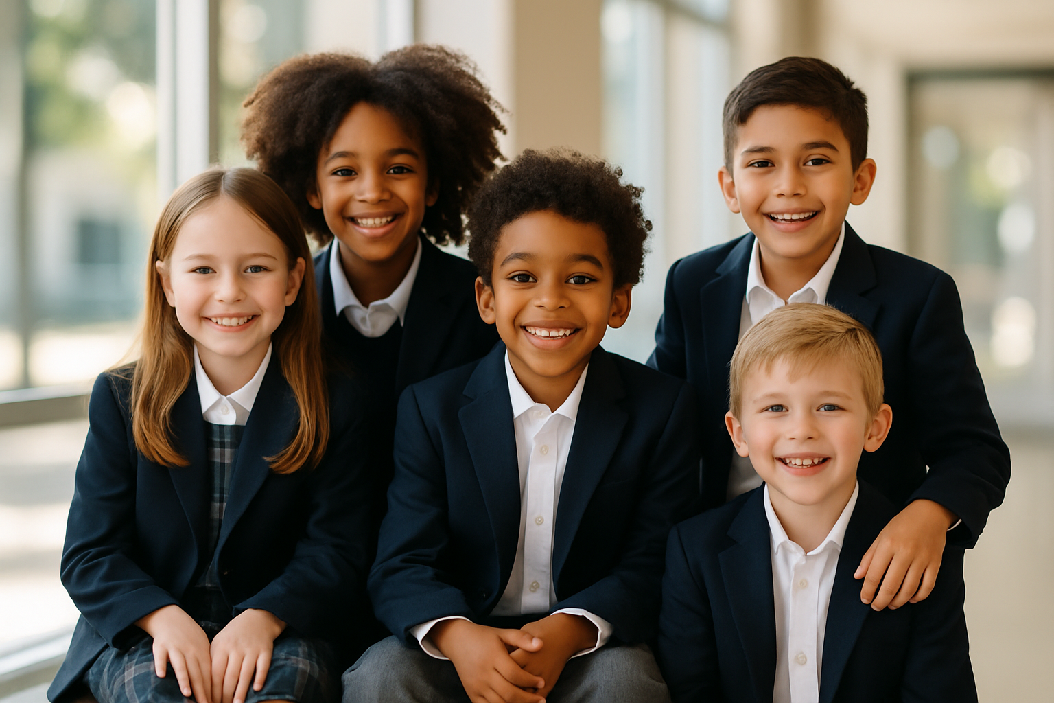 High-quality lifestyle photo of happy kids in school uniforms, sitting or standing together, smiling and looking at the camera. Bright, natural light, playful and cheerful atmosphere, clean background, minimal modern style, suitable for a Shopify kids uniform store, professional but warm and inviting.