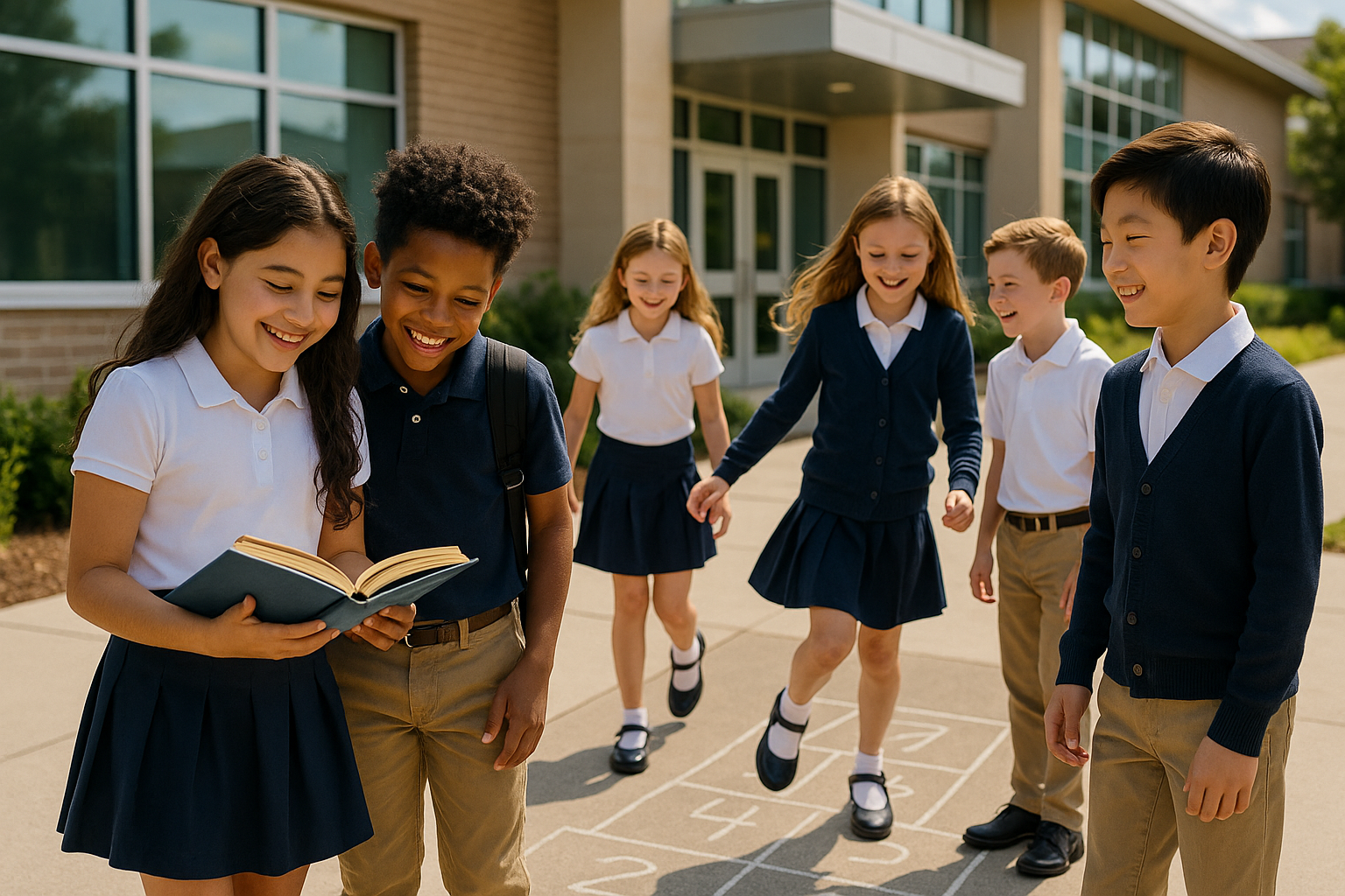 High-quality lifestyle photo of happy school kids wearing neat and stylish school uniforms. Kids of diverse backgrounds smiling and playing together outside a school building. Bright, natural lighting, clean and professional look, modern catalog style