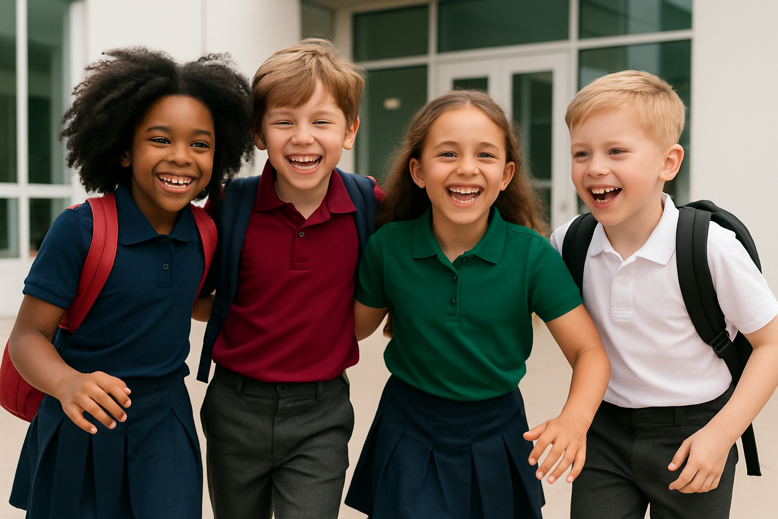 High-quality photo of happy children wearing neat, colorful school uniforms, smiling and playing outside a school building. Diverse kids, bright natural lighting, clean background, modern online store style, catalog-ready, minimal and playful aesthetic.